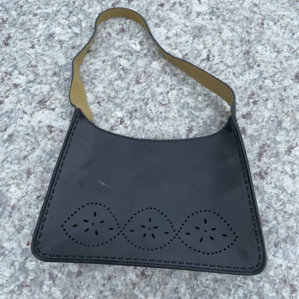 Vintage 90s shoulder bag, vegan leather with floral cutouts